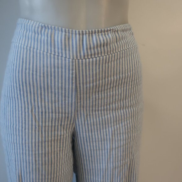 Women Avenue Montaigne Alex Blue White Linen Blend Stipe Pull-On Flared Pants 4 - Picture 3 of 11